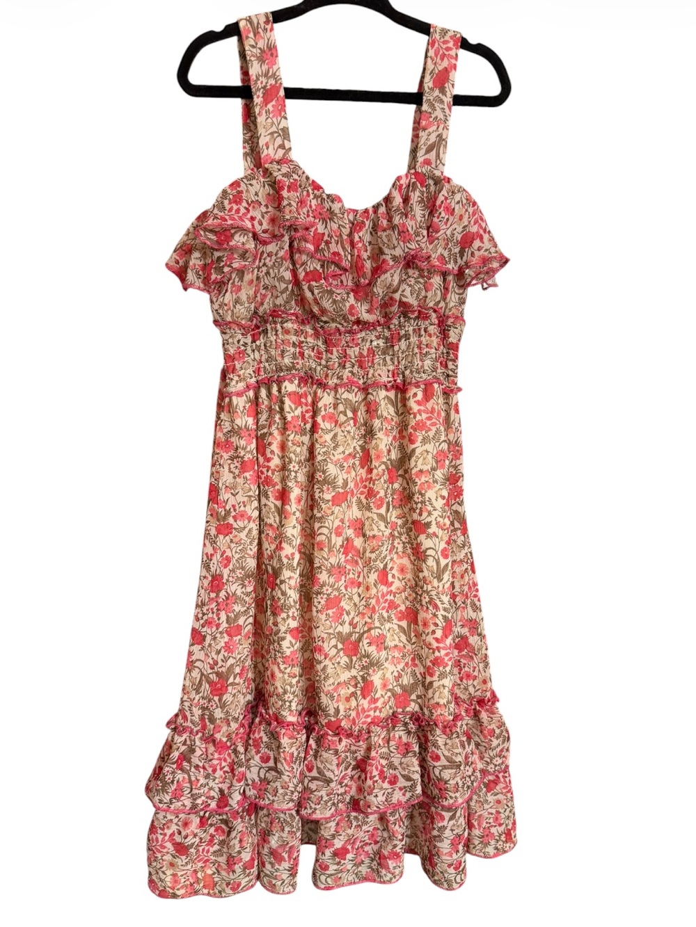 Next Girls Floral Ruffle Dress in Pink and Cream Smocked Bodice Size 6